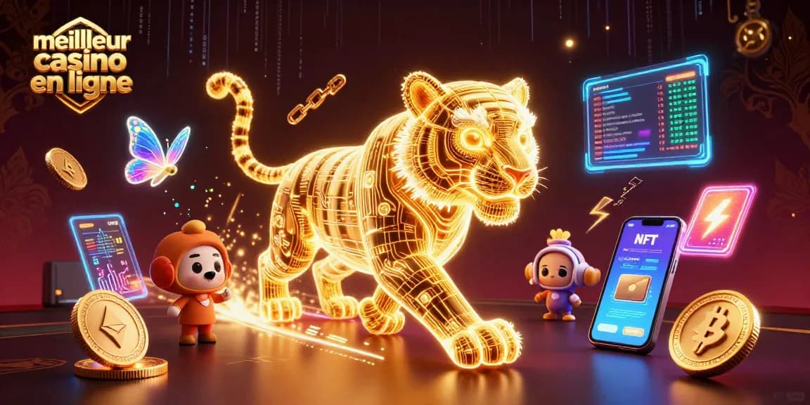 Jouer au meilleur casino en ligne avec un tigre en lumière et des éléments crypto animés.