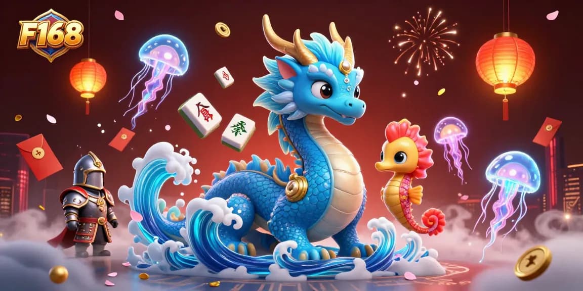 Join F168's vibrant gameplay with a majestic dragon, seahorse knight, and glowing jellyfish amidst neon casino elements.