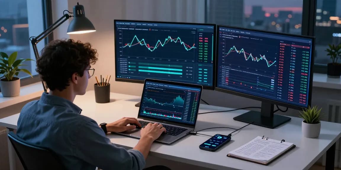 Engaging scene focusing on a professional analyzing bitcoin mining contract data in a modern crypto trading workspace