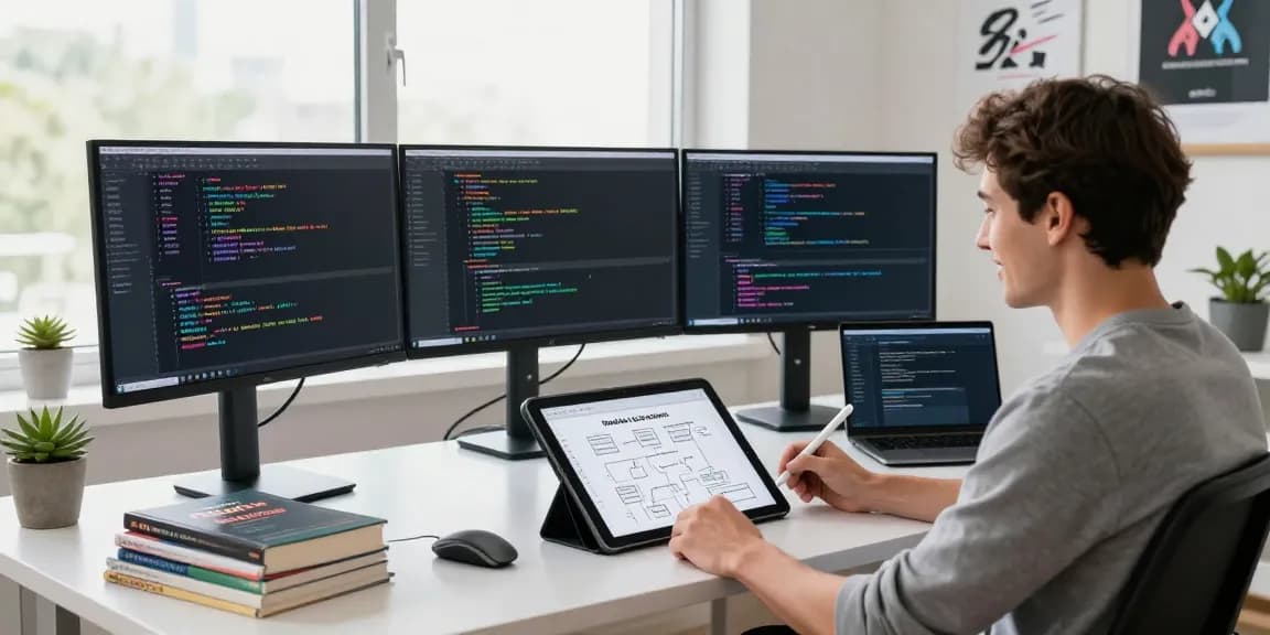 Redux state management training workspace featuring a developer coding with multiple monitors in a vibrant office.