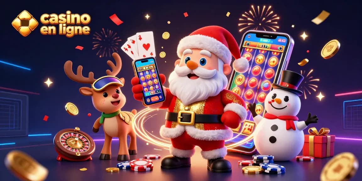 Joue au casino en ligne avec ce joyeux père Noël montrant des machines à sous gagnantes sur son smartphone.