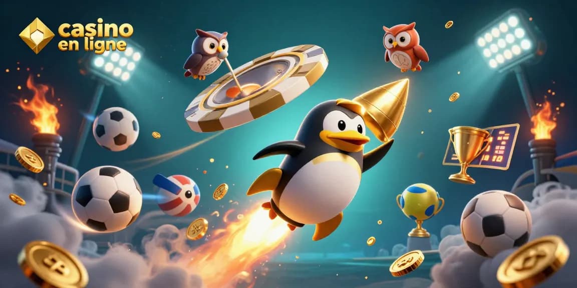Plongez dans l'univers du casino en ligne avec un pingouin doré propulsé par fusée, traçant son chemin vers une station spatiale.