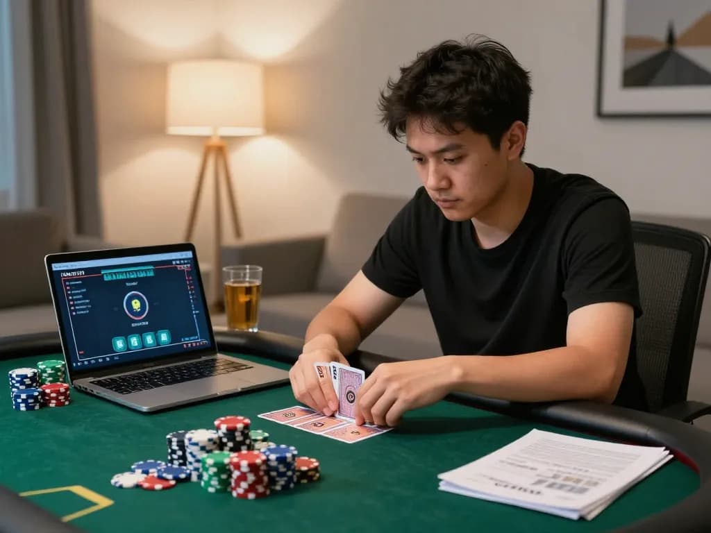 Player engaging in online poker at home with RR88 SELECT, showcasing strategy notes and cozy environment