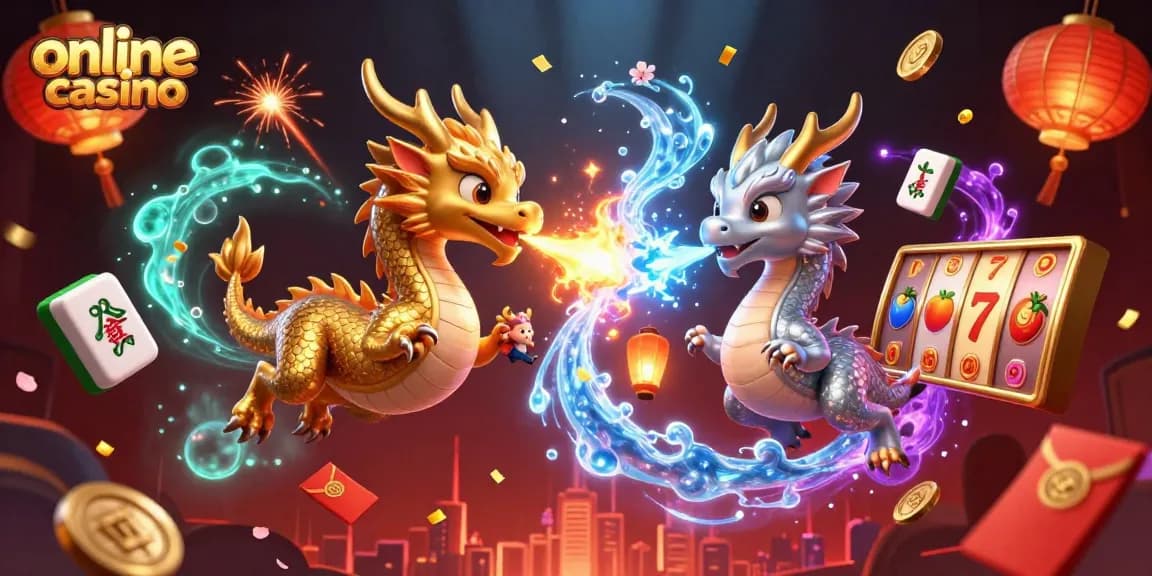 Experience the thrill of an online casino with dragons, slot reels, and vibrant fireworks.