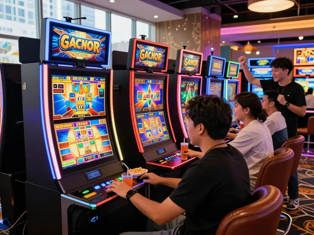 Excited player enjoying a slot gacor game in a vibrant online casino atmosphere filled with lights and cheers.