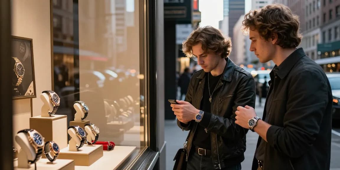 Explore stylish super clone watches in an urban luxury shopping scene with vibrant displays.