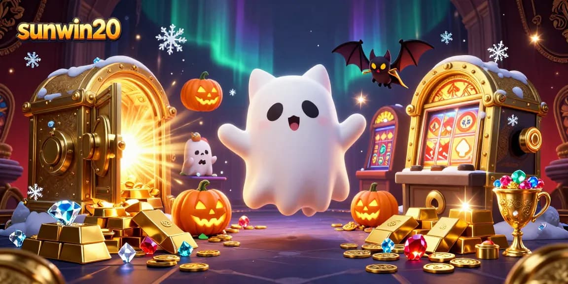 Engage with the sunwin20 experience through a vibrant, magical casino scene with treasures and playful characters.