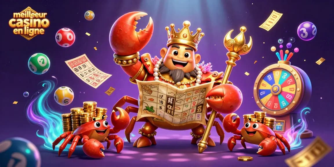 Jouez au meilleur casino en ligne avec une illustration de crabes dorés et des éléments de loterie dynamique.
