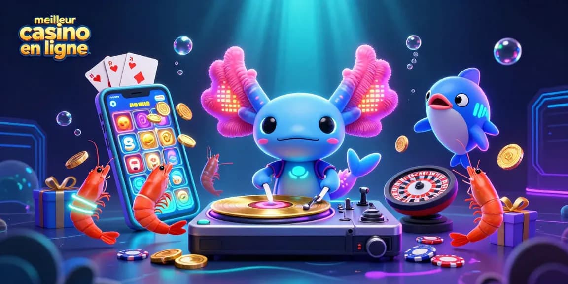 La scène vibrant autour du meilleur casino en ligne avec un DJ axolotl et des jeux captivants comme des machines à sous.
