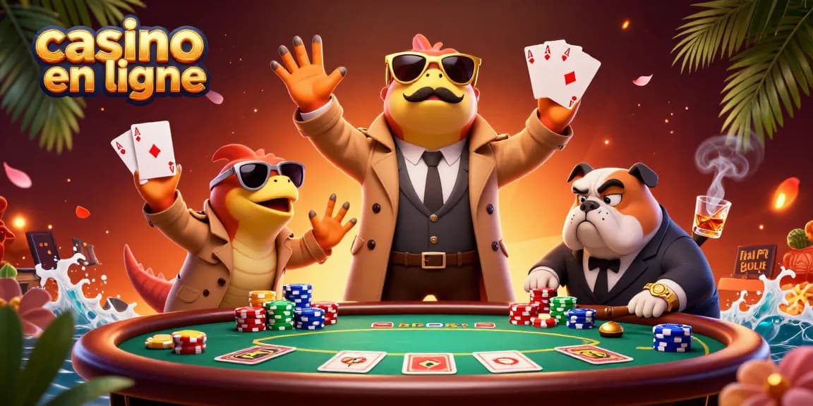Les raptors déguisés entrent dans un casino en ligne, entourés de jeux de cartes et de jetons.