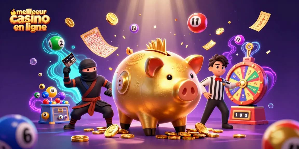 Illustration dynamique représentant le meilleur casino en ligne avec un sumo et des éléments de jeu.