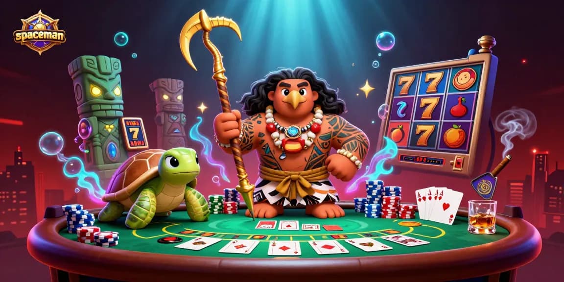 Join the spaceman as he celebrates big wins in a vibrant casino scene filled with slot and poker elements.