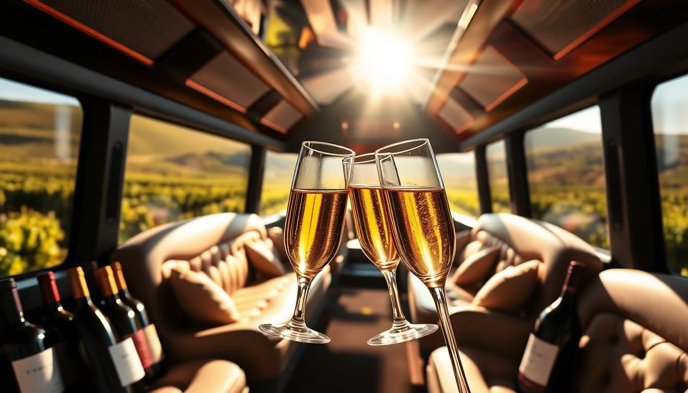 Enjoying a limo bus wine tour with elegant interiors and scenic vineyard views.