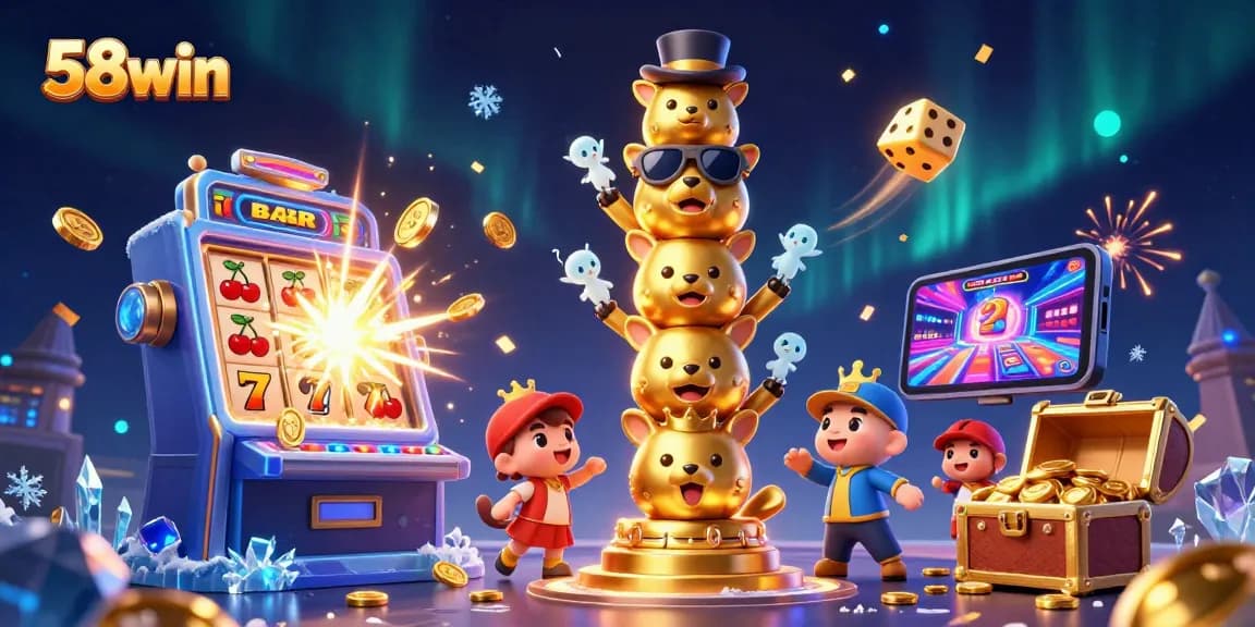 Play and win at 58win with a vibrant, cartoon-style casino scene full of excitement and jackpots.