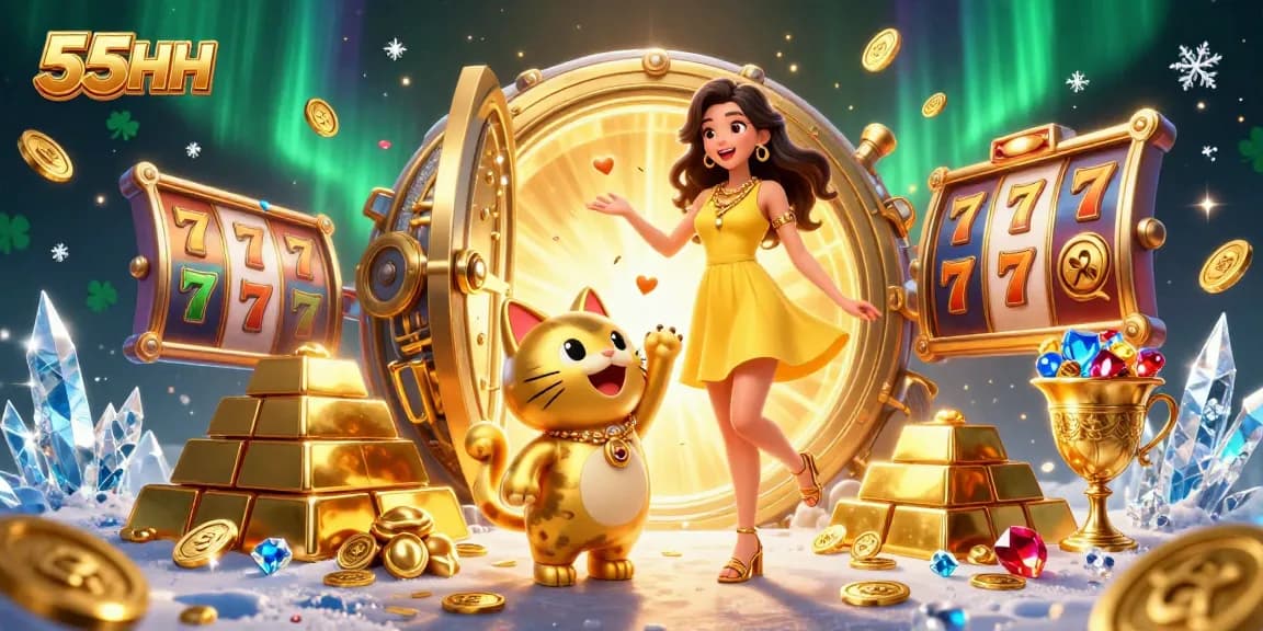 Engage with 55HH's vibrant 3D casino scene featuring a joyful woman and a golden lucky cat amidst a jackpot frenzy.