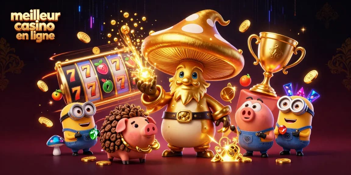 Illustration dynamique d'un meilleur casino en ligne avec un magicien champignon doré et des éléments de jeu.