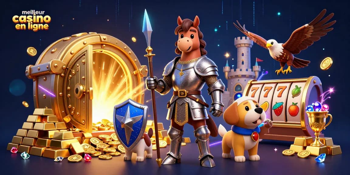 Explorez le meilleur casino en ligne avec un chevalier médiéval, un chiot écuyer et une créature fantastique dans un décor envoûtant.