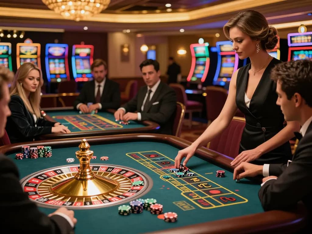 vin88 players engaging around a roulette table in a vibrant luxury casino atmosphere