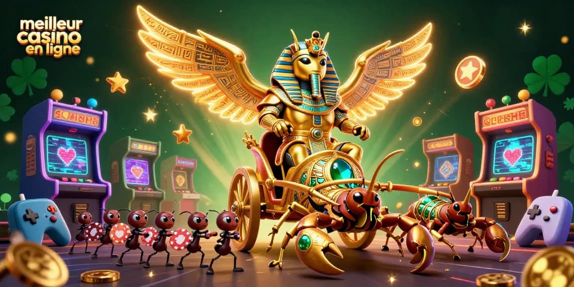 Visitez le meilleur casino en ligne avec cette illustration captivante mettant en vedette un scarabée doré majestueux et des éléments de jeu dynamiques.