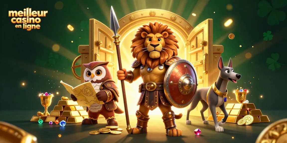 Découvrez le meilleur casino en ligne avec une illustration captivante des jeux et trésors.