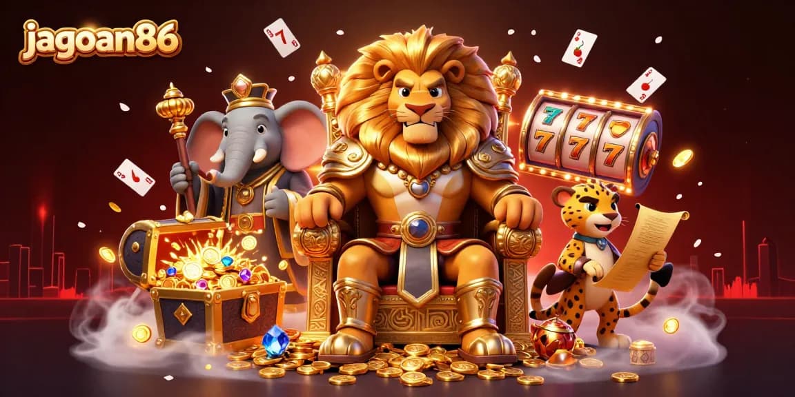 Engage with jagoan86’s thrilling slot games featuring a lion king on a gold coin throne.