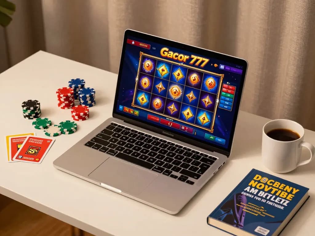 Experience the thrill of slot gacor 777 gameplay on a sleek laptop with vibrant graphics and betting accessories.