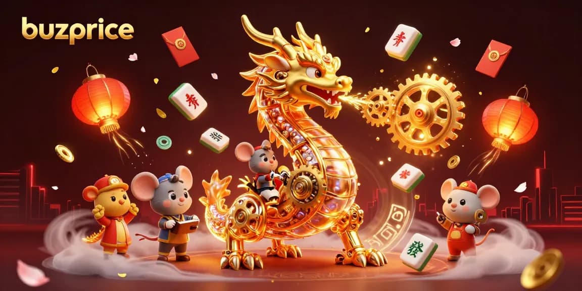 buzprice showcases a golden dragon breathing gears, surrounded by vibrant casino elements and textures.