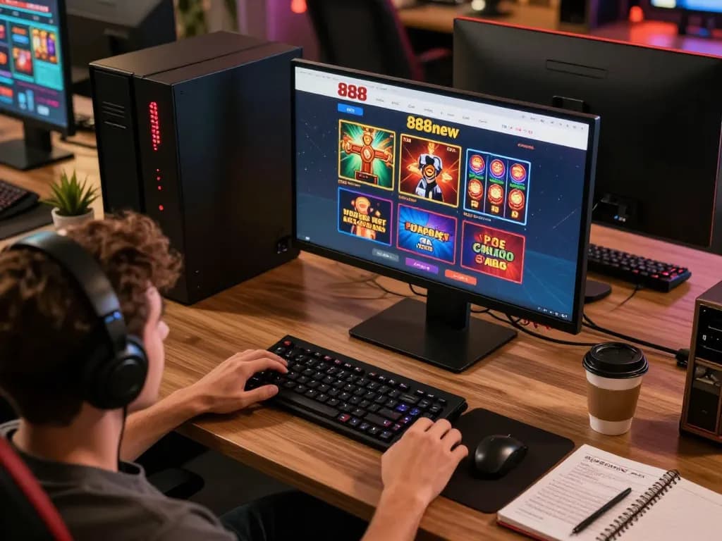 Engaged player exploring 888new online casino on a sleek desktop setup.