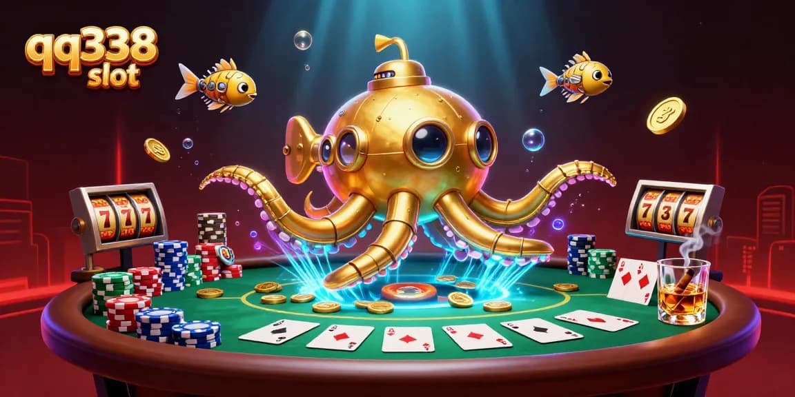 Engage with the qq338 slot experience, featuring a golden kraken amid poker elements and vibrant casino visuals.