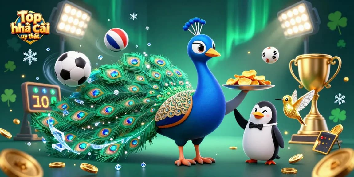 Betting on Top nhà cái uy tín with a colorful 3D casino scene featuring a peacock and a penguin.