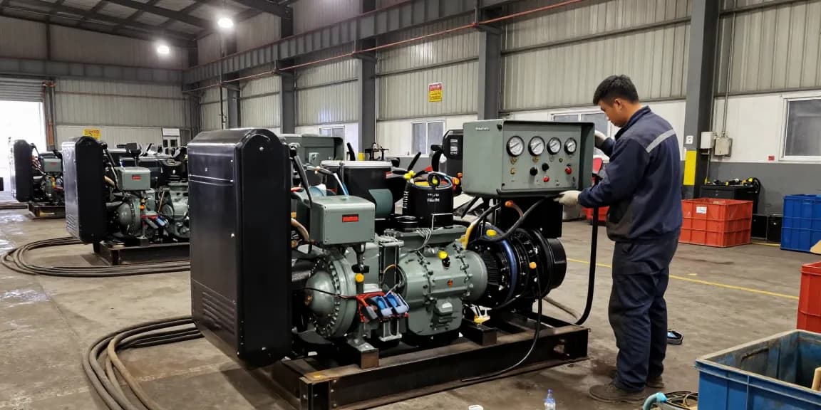 Technician servicing diesel generators in an industrial workshop, highlighting efficiency and power reliability.