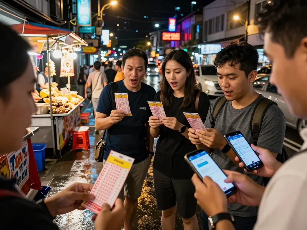 Group celebrating Keluaran HK winning numbers in vibrant urban setting.