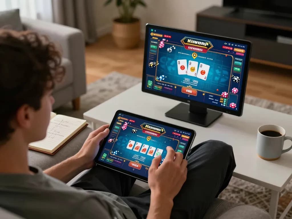 Kuwin player engaging in online casino gaming with excitement on tablet in a cozy living room.