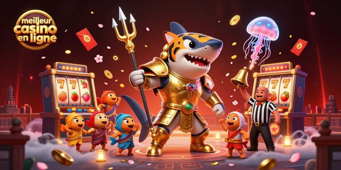 Illustration dynamique d'un requin tigre et de machines à sous, représentant le meilleur casino en ligne.