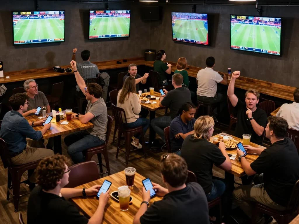 O8 sports betting enthusiasts watching games and betting through mobile apps.