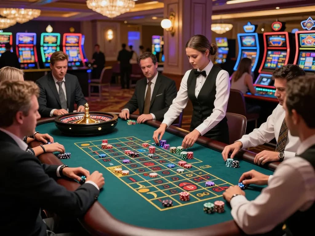 Players engaged at the roulette table in a luxurious casino atmosphere, enhancing the gambling experience at vk88.