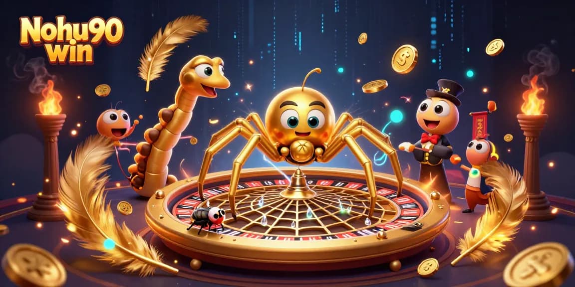Nohu90 win offers thrilling gameplay with a golden spider spinning a roulette wheel web amidst vibrant betting elements.