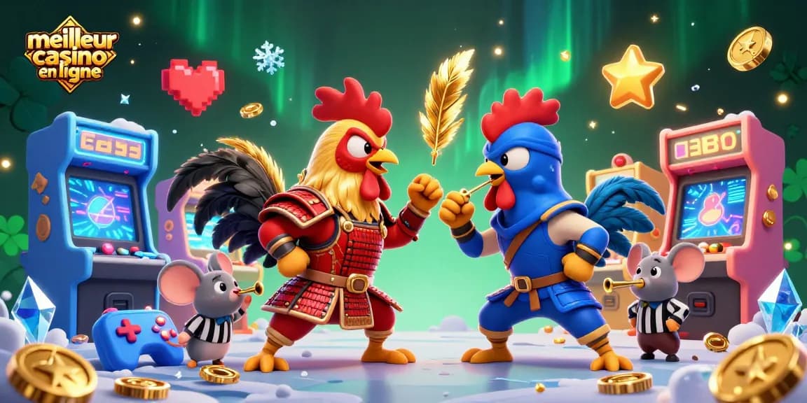 Animations de jackpot au meilleur casino en ligne avec des coqs combattants et machines à sous colorées.