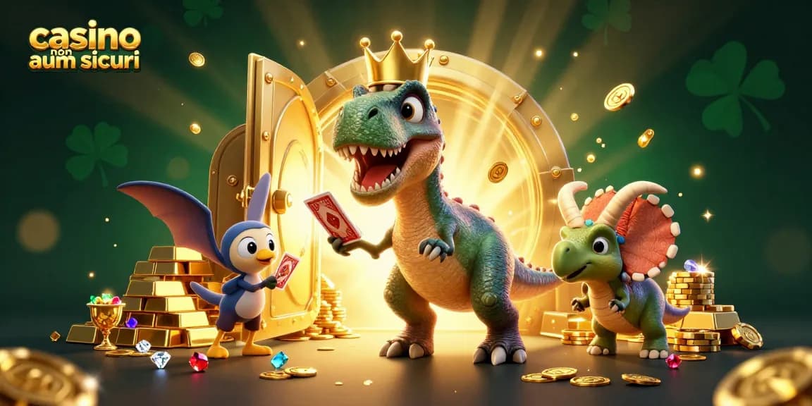Giocando nei casino non AAMS sicuri con un T-Rex amichevole che mescola le carte mentre un pterodattilo lo aiuta.