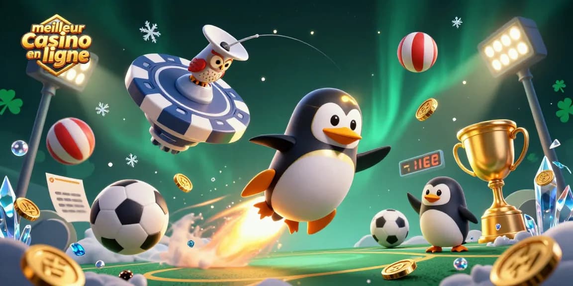 Volez vers le meilleur casino en ligne avec un pingouin doré en fusée, entouré de pièces d'or et d'éléments sportifs.
