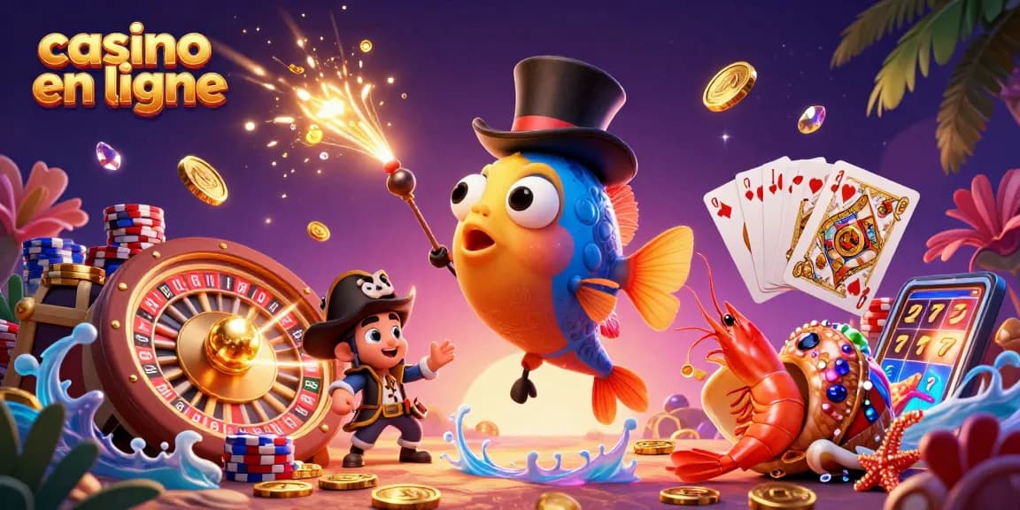 Atteignez des gains au casino en ligne avec des personnages marins animés entourés de pièces d'or et de cartes.