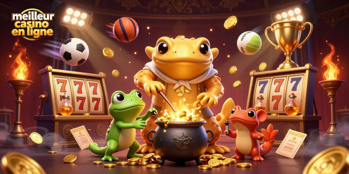 Visualisez le meilleur casino en ligne avec un alchimiste transformant des métaux en pièces d'or et des ballons sportifs.
