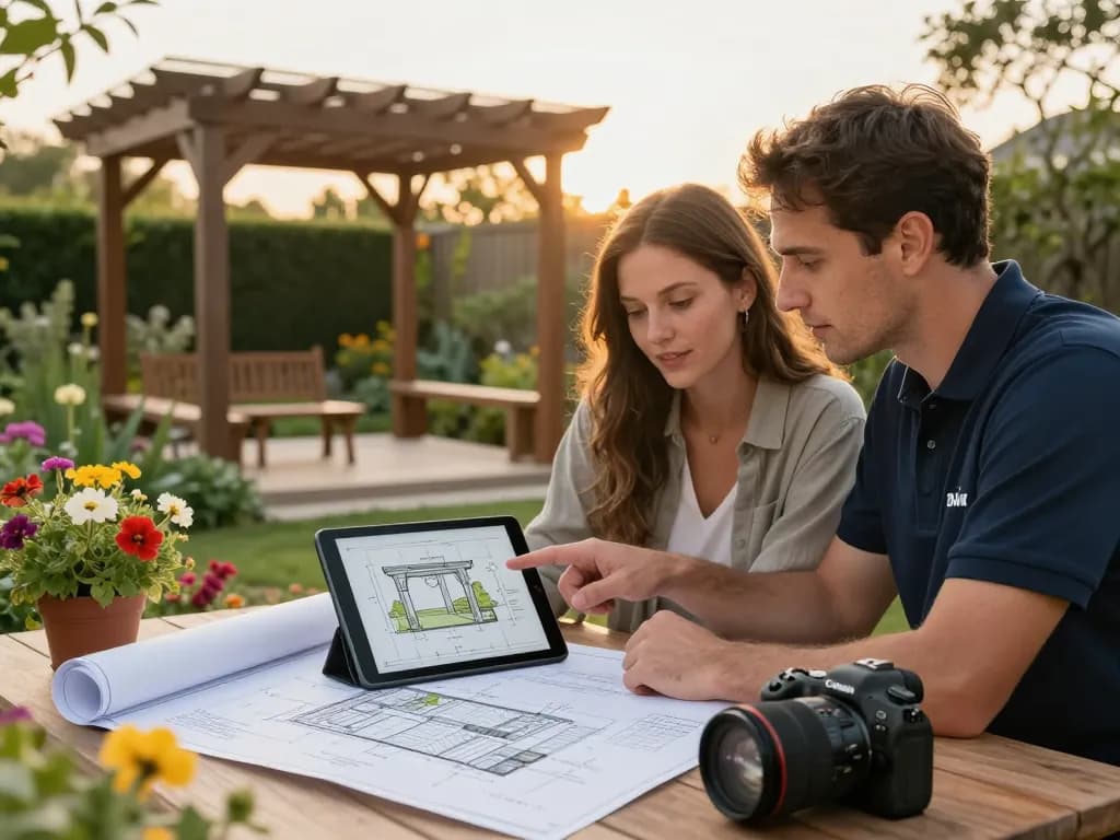 Contractor showcasing a 3D pergola design using Pergola Sales Software to a couple in an inviting garden.