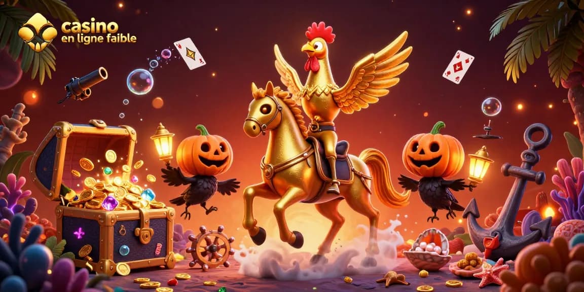 Jouer au casino en ligne fiable dans un univers fantastique avec un coq doré et des personnages intrigants.