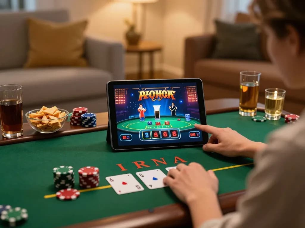 3win player enjoying a gripping live dealer blackjack game on tablet in cozy home setting