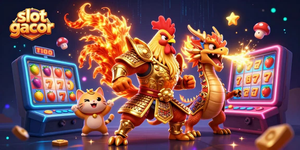 Experience the thrill of slot gacor with vibrant gaming elements and dynamic characters in this 3D illustration.