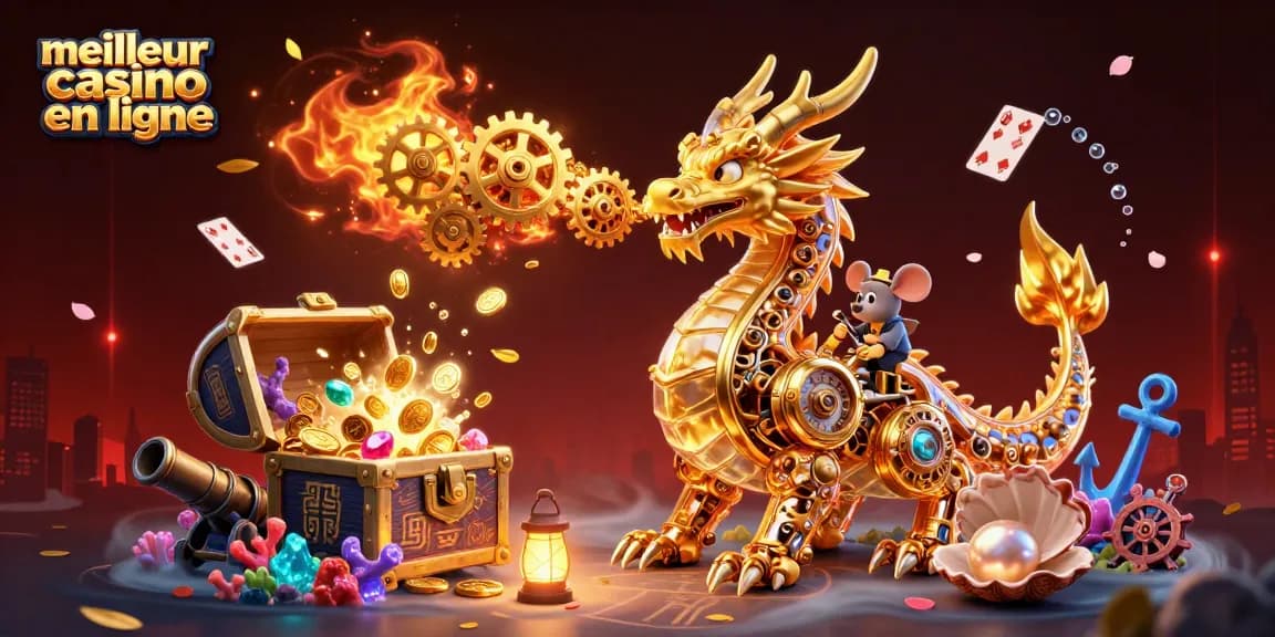 Illustration 3D détaillée illustrant le meilleur casino en ligne avec un dragon doré et des trésors