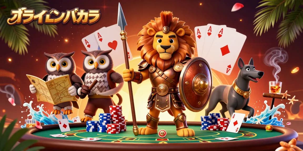 オンラインバカラの勝利を手に入れるために、バカラテーブルで戦略を練るスパルタンライオン。