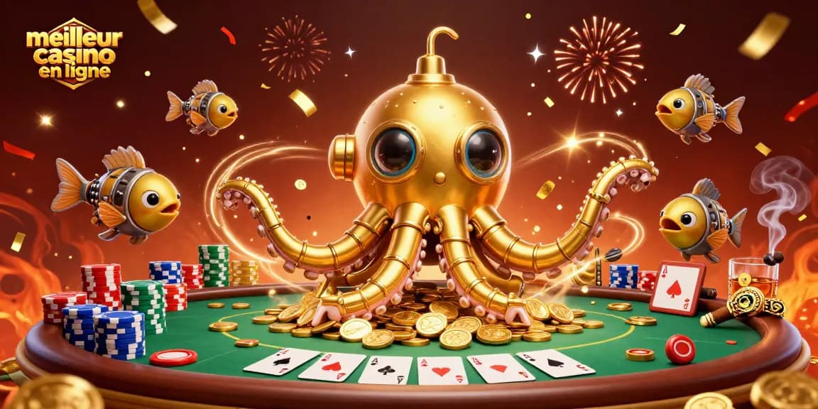 Découvrez le meilleur casino en ligne avec ce kraken doré et des éléments de poker animés.