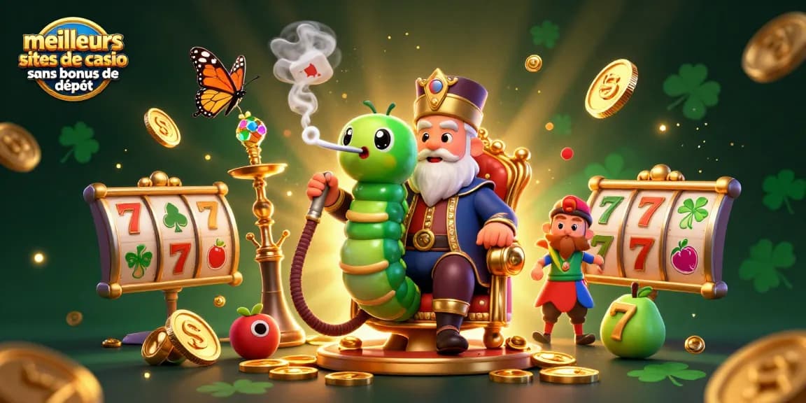 Visualisez les meilleurs sites de casino sans bonus de dépôt avec un maître narguilé cartoon sur un trône doré, entouré de symboles de jeux.